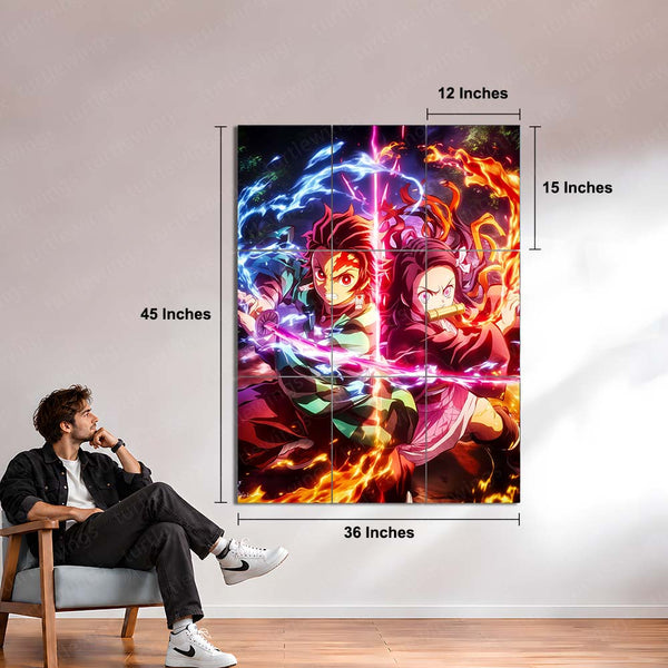 Anime Metal Poster Set of 9 | Tanjiro & Nezuko | Demon Slayer Sibling Duo Wall Art | Kimetsu no Yaiba Anime 9 Panel Metal Print