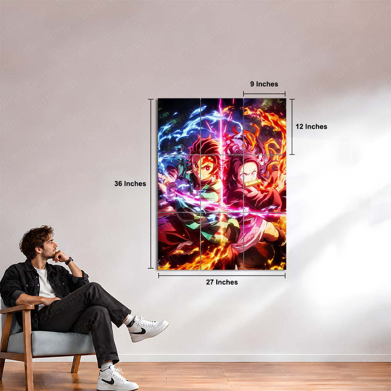 Anime Metal Poster Set of 9 | Tanjiro & Nezuko | Demon Slayer Sibling Duo Wall Art | Kimetsu no Yaiba Anime 9 Panel Metal Print