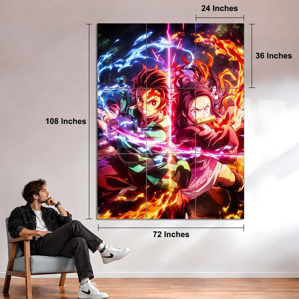 Anime Metal Poster Set of 9 | Tanjiro & Nezuko | Demon Slayer Sibling Duo Wall Art | Kimetsu no Yaiba Anime 9 Panel Metal Print