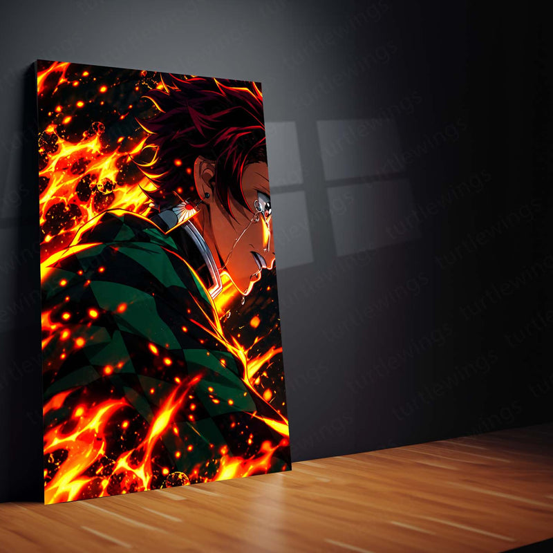 Anime Metal Poster Set of 3 | Tanjiro Kamado & Kyojuro Rengoku | Hearts Ablaze Fiery Demon Slayer Triptych Wall Art | Premium Anime Metal Print