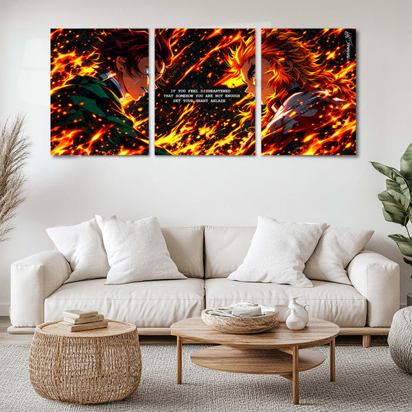 Anime Metal Poster Set of 3 | Tanjiro Kamado & Kyojuro Rengoku | Hearts Ablaze Fiery Demon Slayer Triptych Wall Art | Premium Anime Metal Print