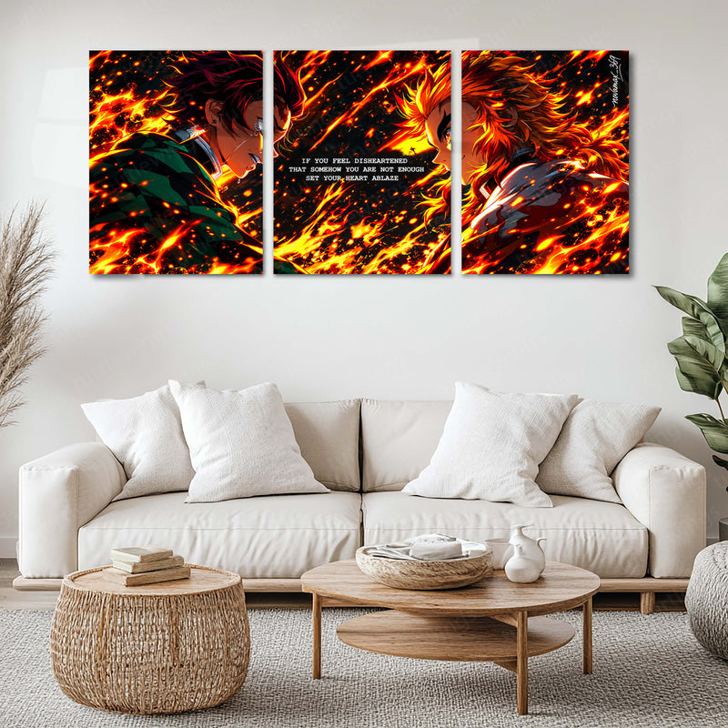 Anime Metal Poster Set of 3 | Tanjiro Kamado & Kyojuro Rengoku | Hearts Ablaze Fiery Demon Slayer Triptych Wall Art | Premium Anime Metal Print
