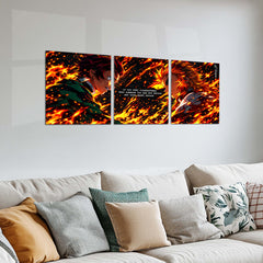 Anime Metal Poster Set of 3 | Tanjiro Kamado & Kyojuro Rengoku | Hearts Ablaze Fiery Demon Slayer Triptych Wall Art | Premium Anime Metal Print