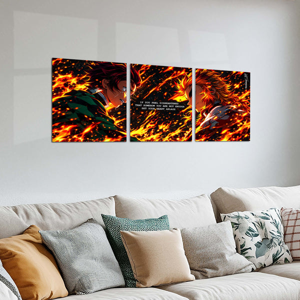 Anime Metal Poster Set of 3 | Tanjiro Kamado & Kyojuro Rengoku | Hearts Ablaze Fiery Demon Slayer Triptych Wall Art | Premium Anime Metal Print