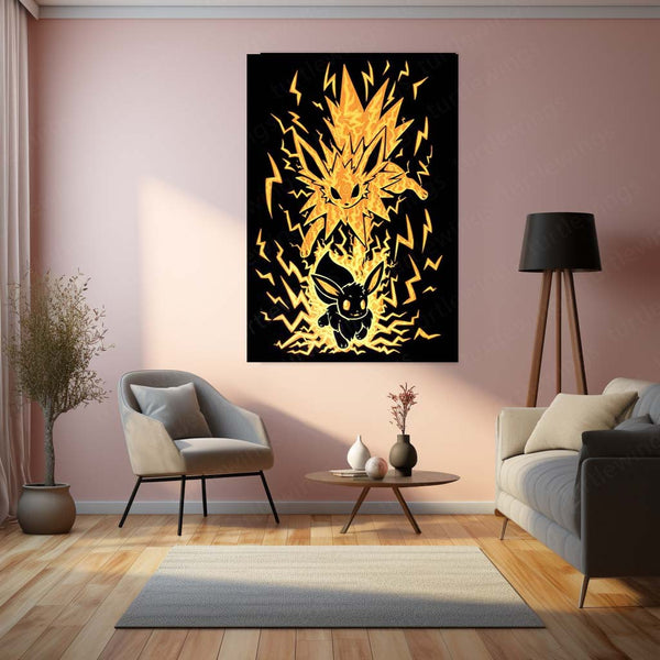 Anime Metal Poster | Pokemon The Electric Evolution Within | Thunder Awakening Metal Frame Inner Energy & Power Transformation Anime Wall Art