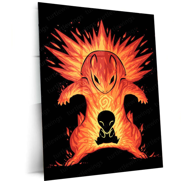 Anime Metal Poster | The Explosion Within | Pokemon Fire Evolution Energy Metal Frame Inner Flame, Power & Awakening Wall Art