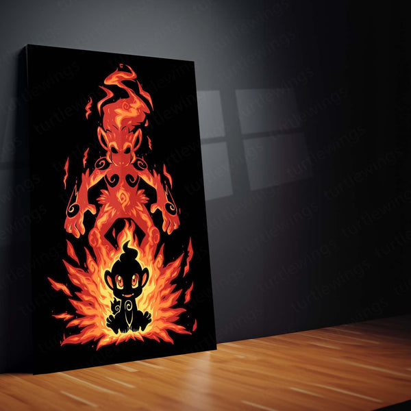 Anime Metal Poster | The Fire Ape Stance Within | Pokemon Evolution Flame Metal Frame Inner Power, Discipline & Blazing Awakening Wall Art