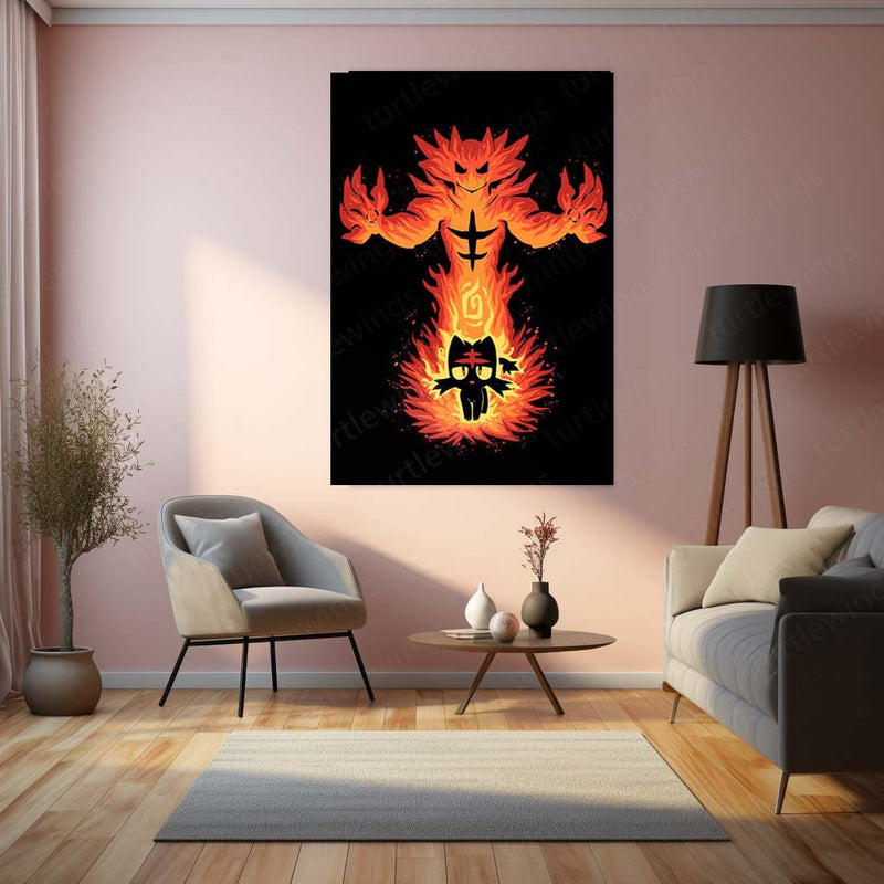 Anime Metal Poster | The Fire Cat Within | Pokemon Flame Awakening Metal Frame Inner Power, Blaze & Evolution Wall Art