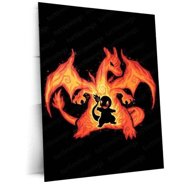 Anime Metal Poster | The Fire Dragon Within | Pokemon Evolution Flame Metal Frame  Inner Power, Blaze & Ascension Wall Art