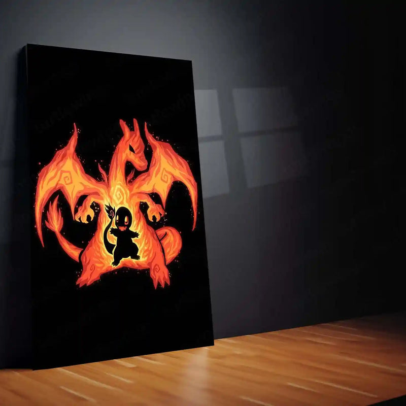 Anime Metal Poster | The Fire Dragon Within | Pokemon Evolution Flame Metal Frame Inner Power, Blaze & Ascension Wall Art - TURTLEWINGS 