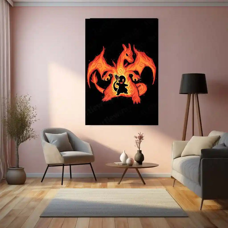 Anime Metal Poster | The Fire Dragon Within | Pokemon Evolution Flame Metal Frame Inner Power, Blaze & Ascension Wall Art - TURTLEWINGS 