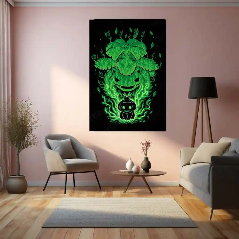 Anime Metal Poster | The Grass Saur Within | Pokemon Evolution Energy Metal Frame Growth, Nature & Inner Strength Wall Art - TURTLEWINGS 