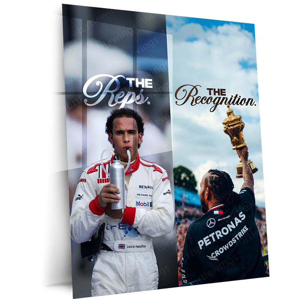 Quote Metal Poster | Lewis Hamilton – The Reps vs The Recognition Metal Frame | Discipline Before Applause Wall Art | F1 Champion Mindset Quote Metal Poster