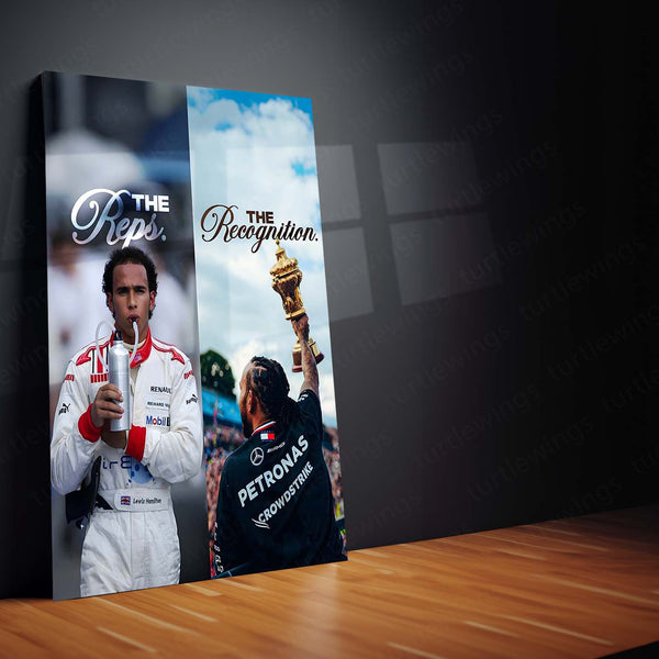 Quote Metal Poster | Lewis Hamilton – The Reps vs The Recognition Metal Frame | Discipline Before Applause Wall Art | F1 Champion Mindset Quote Metal Poster