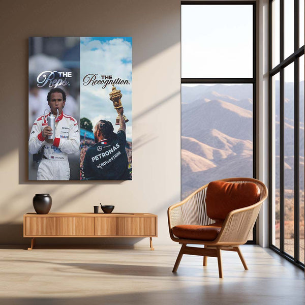 Quote Metal Poster | Lewis Hamilton – The Reps vs The Recognition Metal Frame | Discipline Before Applause Wall Art | F1 Champion Mindset Quote Metal Poster
