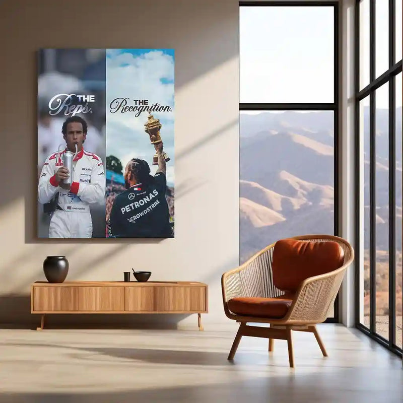 Quote Metal Poster | Lewis Hamilton – The Reps vs The Recognition Metal Frame | Discipline Before Applause Wall Art | F1 Champion Mindset Quote Metal Poster - TURTLEWINGS 