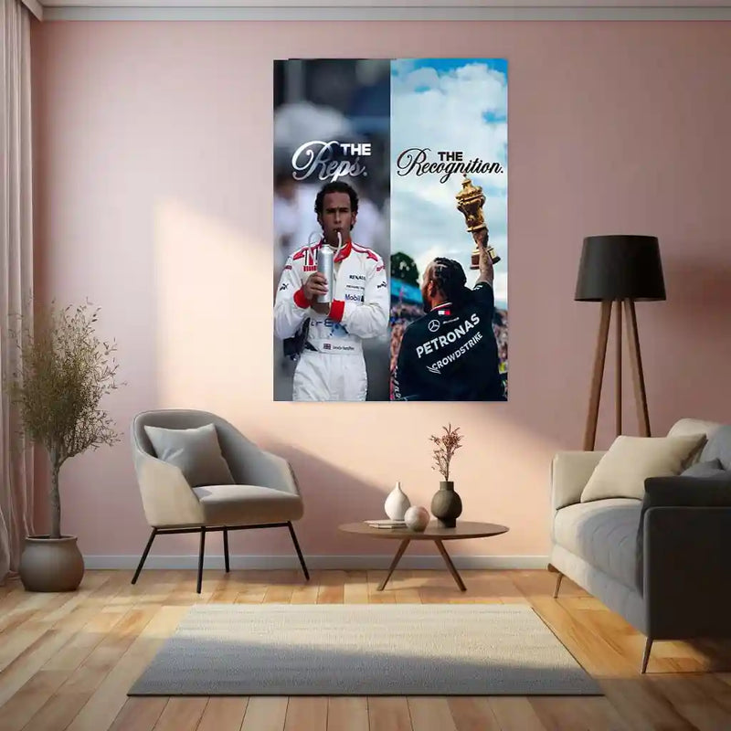 Quote Metal Poster | Lewis Hamilton – The Reps vs The Recognition Metal Frame | Discipline Before Applause Wall Art | F1 Champion Mindset Quote Metal Poster - TURTLEWINGS 