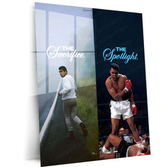 Quote Metal Poster | Muhammad Ali – The Sacrifice to the Spotlight Metal Frame Greatness Forged in Silence Boxing Wall Art | Champion Mindset Quote Metal Poster