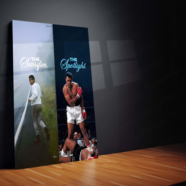 Quote Metal Poster | Muhammad Ali – The Sacrifice to the Spotlight Metal Frame Greatness Forged in Silence Boxing Wall Art | Champion Mindset Quote Metal Poster