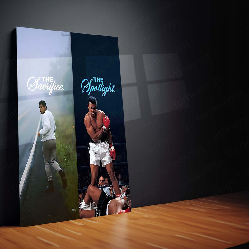 Quote Metal Poster | Muhammad Ali – The Sacrifice to the Spotlight Metal Frame Greatness Forged in Silence Boxing Wall Art | Champion Mindset Quote Metal Poster