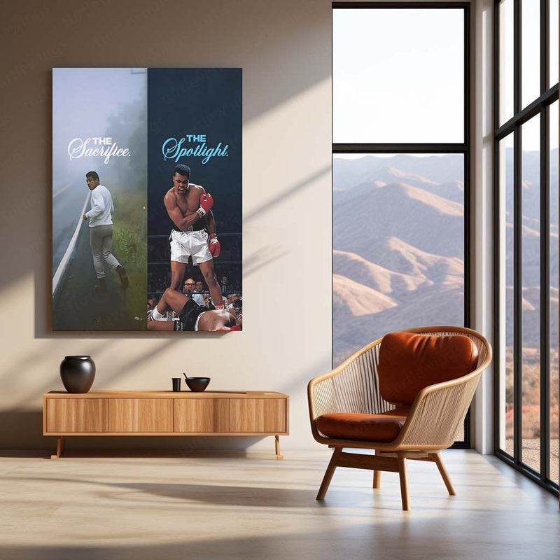 Quote Metal Poster | Muhammad Ali – The Sacrifice to the Spotlight Metal Frame Greatness Forged in Silence Boxing Wall Art | Champion Mindset Quote Metal Poster