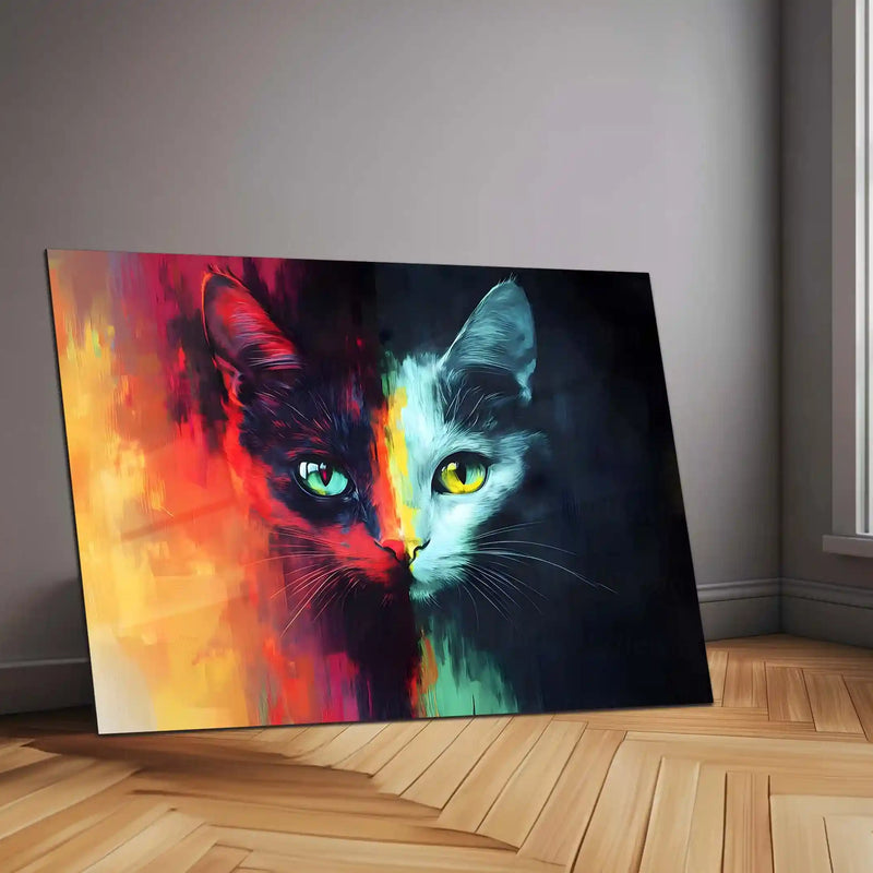 The Two-Faced Feline Metal Poster | Abstract Cat Wall Art | Vibrant Animal Poster - TURTLEWINGS 