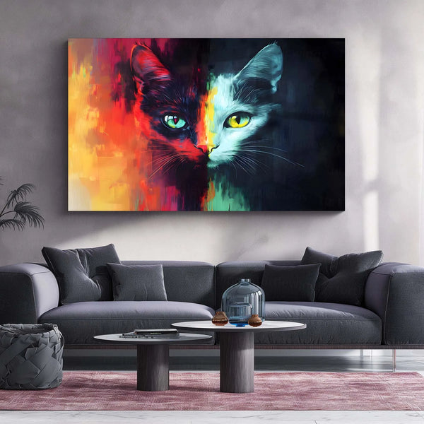 The Two-Faced Feline Metal Poster | Abstract Cat Wall Art | Vibrant Animal Poster - TURTLEWINGS 