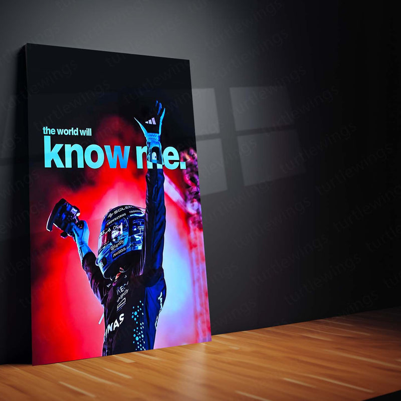 Quote Metal Poster | George Russell – The World Will Know Me Metal Frame Breakthrough Mentality & Future Champion Quote Wall Art | Formula 1 Aspiration Metal Poster
