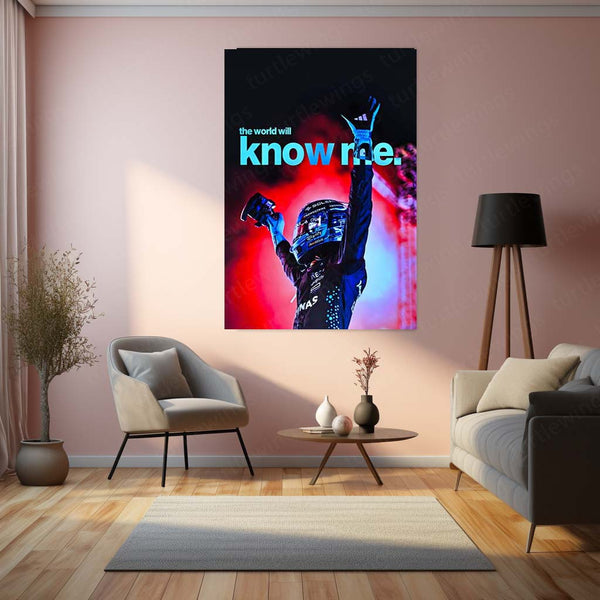 Quote Metal Poster | George Russell – The World Will Know Me Metal Frame Breakthrough Mentality & Future Champion Quote Wall Art | Formula 1 Aspiration Metal Poster