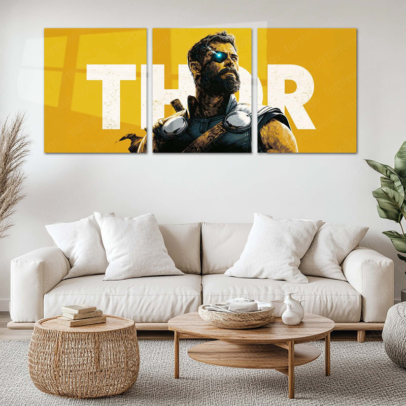 Superhero Metal Poster Set of 3 | Thor | Yellow Thunder God Triptych Wall Art – main product image