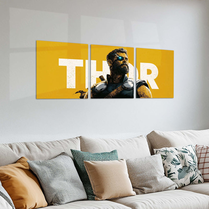 Superhero Metal Poster Set of 3 | Thor | Yellow Thunder God Triptych Wall Art – product image 2