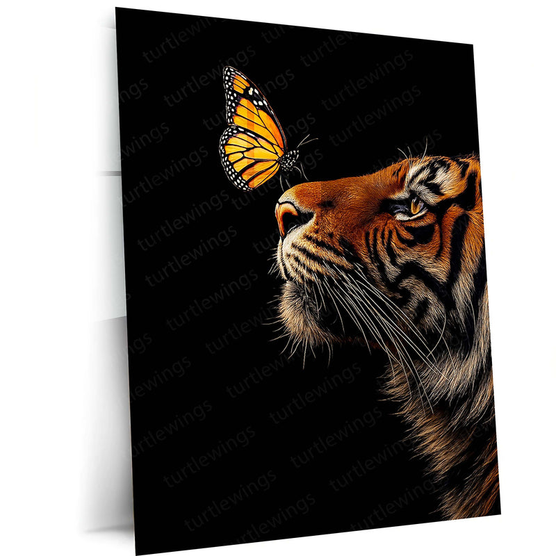 Tiger & Butterfly Metal Poster | Strength Meets Grace Wildlife Wall Art  Majestic Tiger Animal Artwork Metal Frame