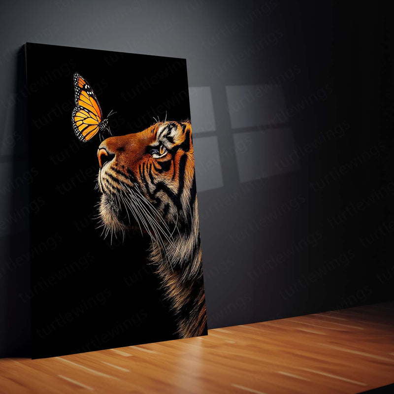 Tiger & Butterfly Metal Poster | Strength Meets Grace Wildlife Wall Art  Majestic Tiger Animal Artwork Metal Frame