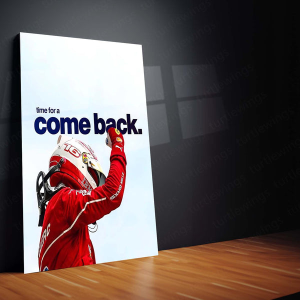 Quote Metal Poster | Charles Leclerc – Time for a Comeback Metal Frame Resilience, Redemption & Ferrari Fighting Spirit Wall Art | F1 Reset Mindset Metal Poster