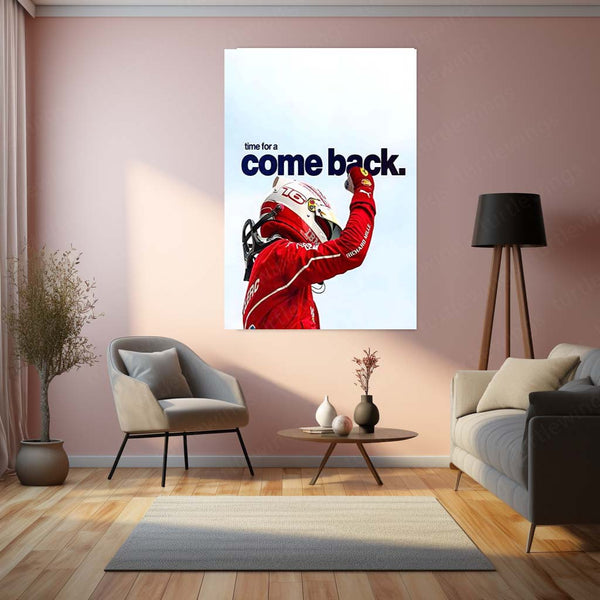 Quote Metal Poster | Charles Leclerc – Time for a Comeback Metal Frame Resilience, Redemption & Ferrari Fighting Spirit Wall Art | F1 Reset Mindset Metal Poster