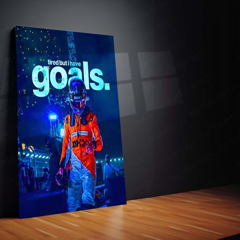 Quote Metal Poster | Lando Norris – Tired but Unstoppable Metal Frame Relentless Drive & Modern Racer Mindset Wall Art | High-Performance Motivation Metal Poster