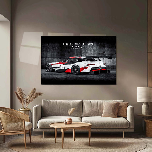Too Glam to Give a Damn – Toyota GR Supra Racing Metal Frame | JDM Diva Energy Wall Art