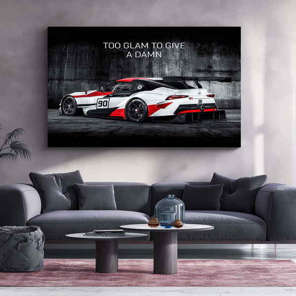 Too Glam to Give a Damn – Toyota GR Supra Racing Metal Frame | JDM Diva Energy Wall Art