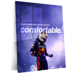 Quote Metal Poster | Max Verstappen – Too Much Potential Metal Frame Uncomfortable Growth & Champion Mentality Wall Art | High-Pressure Success Quote Metal Poster