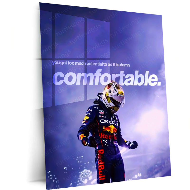 Quote Metal Poster | Max Verstappen – Too Much Potential Metal Frame Uncomfortable Growth & Champion Mentality Wall Art | High-Pressure Success Quote Metal Poster