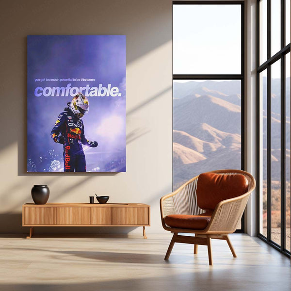 Quote Metal Poster | Max Verstappen – Too Much Potential Metal Frame Uncomfortable Growth & Champion Mentality Wall Art | High-Pressure Success Quote Metal Poster