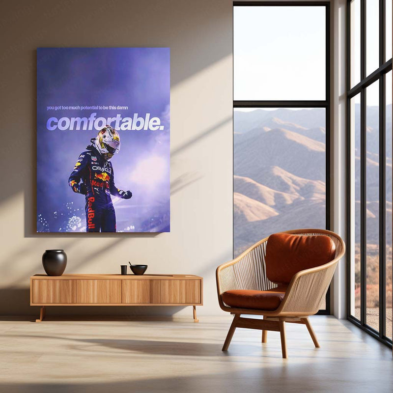 Quote Metal Poster | Max Verstappen – Too Much Potential Metal Frame Uncomfortable Growth & Champion Mentality Wall Art | High-Pressure Success Quote Metal Poster