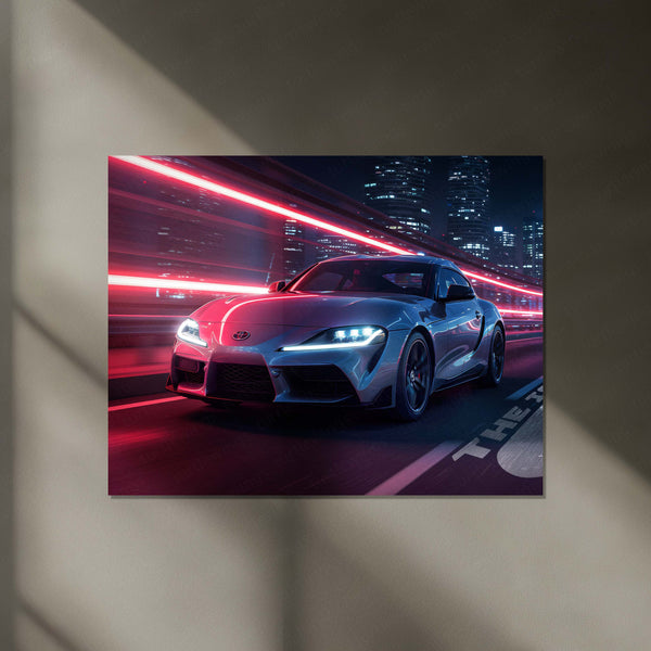 Toyota Supra Neon Nights – Futuristic Sports Car Neon LED Metal Poster | JDM Glow Wall Frame