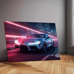 Toyota Supra Neon Nights – Futuristic Sports Car Neon LED Metal Poster | JDM Glow Wall Frame