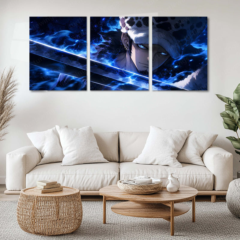 Anime Metal Poster Set of 3 | One Piece | Trafalgar Law Blue Aura Sword Triptych Wall Art
