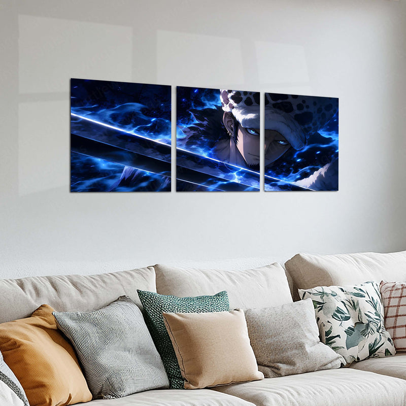 Anime Metal Poster Set of 3 | One Piece | Trafalgar Law Blue Aura Sword Triptych Wall Art