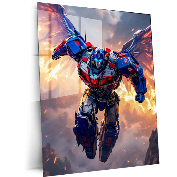 Transformers Rise of Cybertron Poster – Optimus Prime Flying Battle Art | Epic Mecha Metal Frame