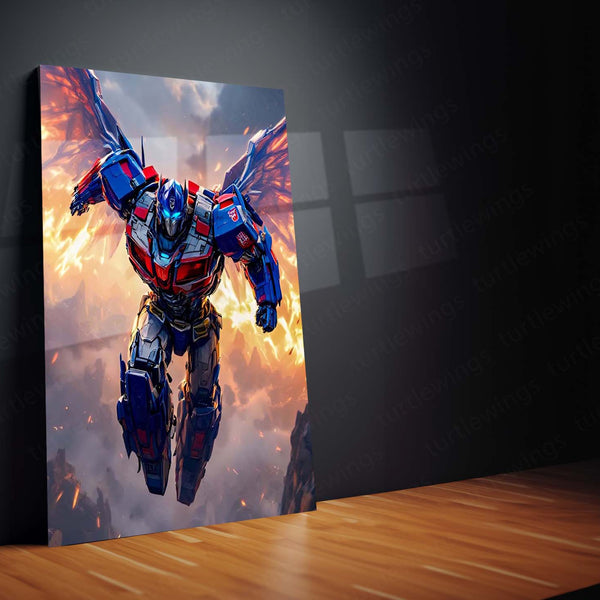 Transformers Rise of Cybertron Poster – Optimus Prime Flying Battle Art | Epic Mecha Metal Frame