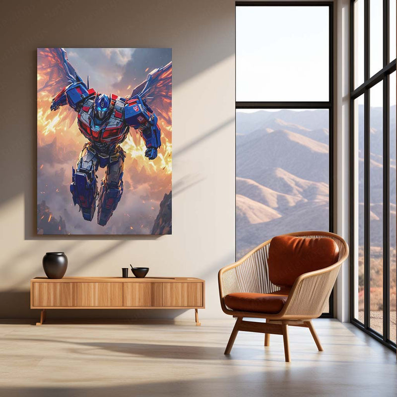 Transformers Rise of Cybertron Poster – Optimus Prime Flying Battle Art | Epic Mecha Metal Frame