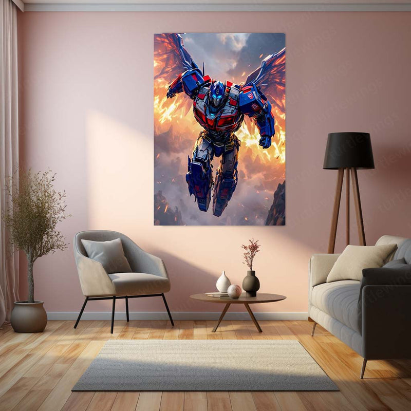 Transformers Rise of Cybertron Poster – Optimus Prime Flying Battle Art | Epic Mecha Metal Frame